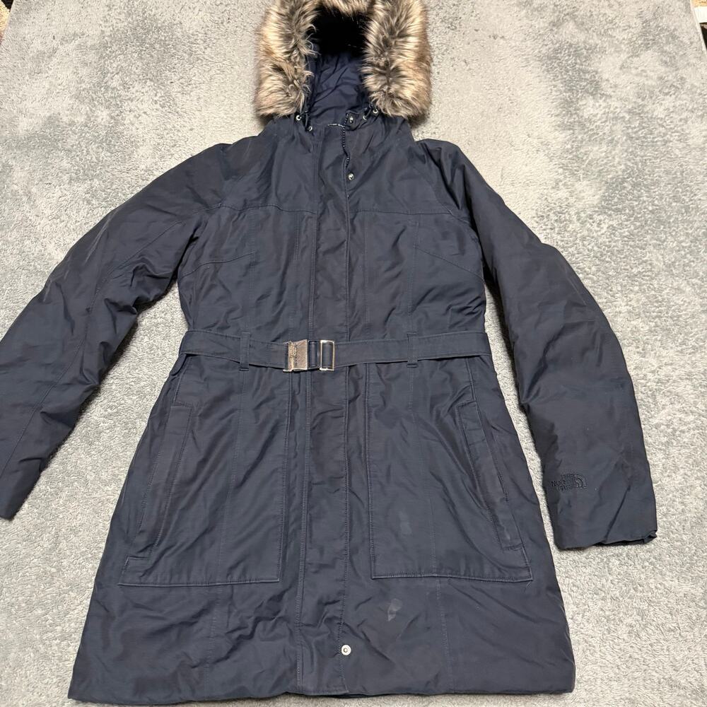The North Face Brooklyn Belted Down Coat Womens Medium Blue Parka Jacket Hooded
